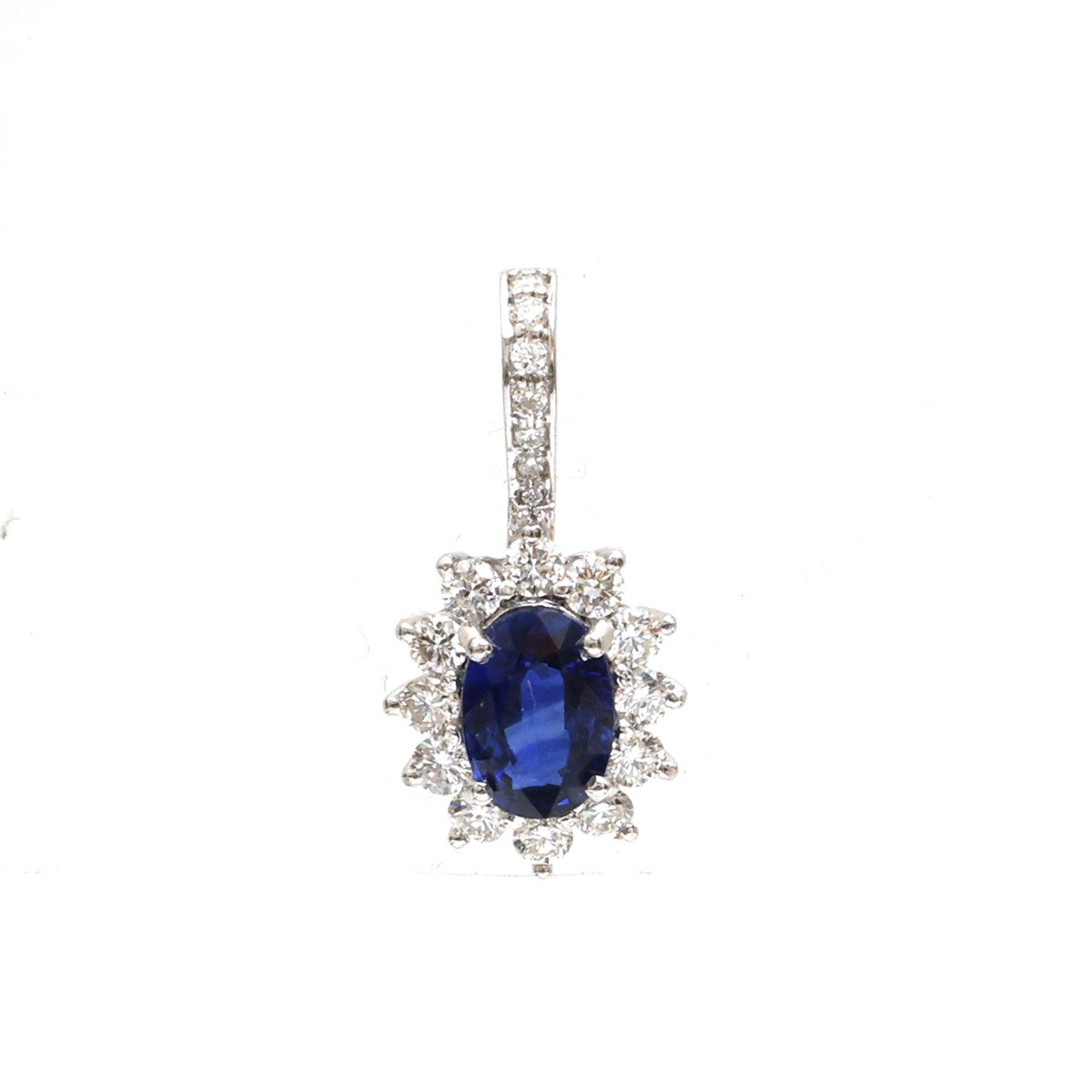 Oval Blue Sapphire Center Diamond 18K White Gold Pendant Necklace