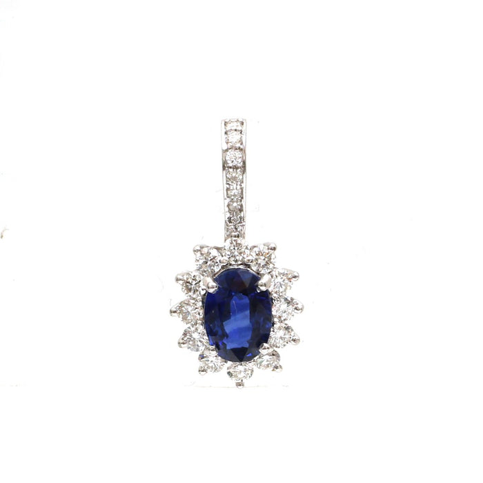 Oval Blue Sapphire Center Diamond 18K White Gold Pendant Necklace