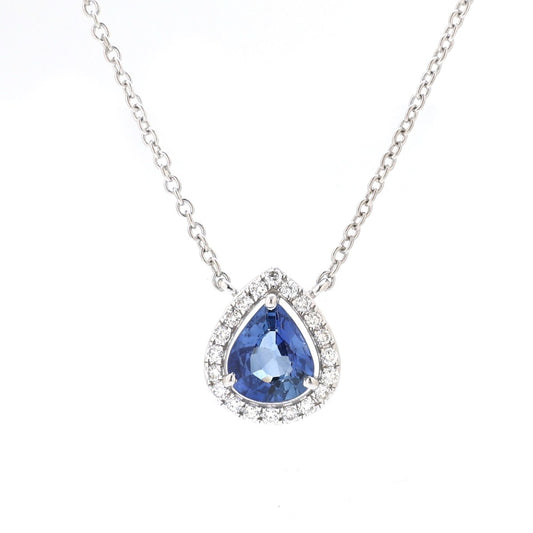 Elegant Blue Sapphire 18K White Gold Teardrop Halo Necklace