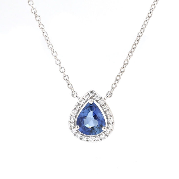 Elegant Blue Sapphire 18K White Gold Teardrop Halo Necklace