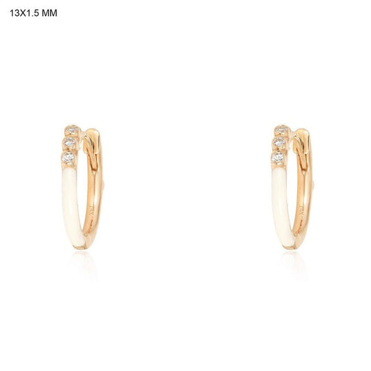 Eight Diamond White Enamel Huggie Earrings in 14K Yellow Gold