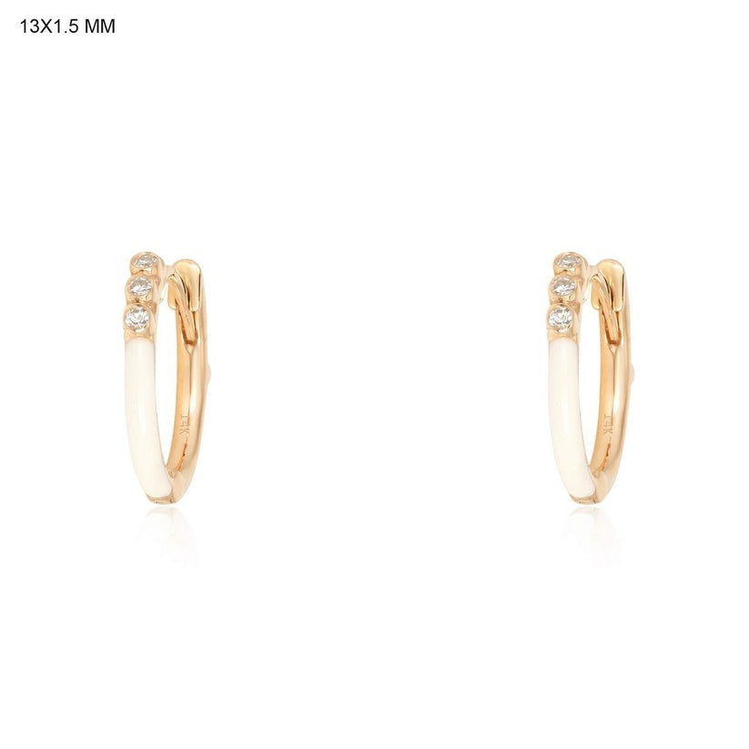 Eight Diamond White Enamel Huggie Earrings in 14K Yellow Gold