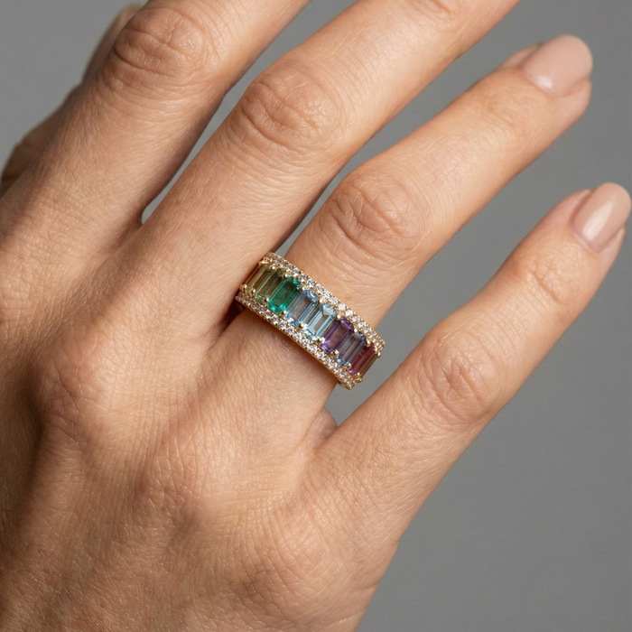 Rainbow Shine 14K Emerald-Cut Gemstone Ring