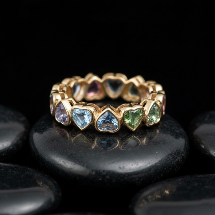 Heart-Shaped Multicolor 14K Sapphire Eternity Band Ring