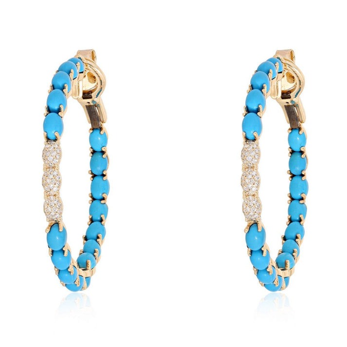 Turquoise Diamond Accent Hoop Earrings in 14K Yellow Gold