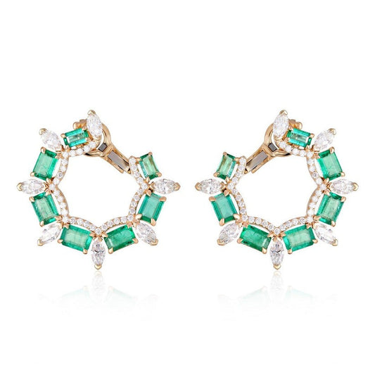 Emerald Marquise Halo Hoop Earrings in 14K Yellow Gold