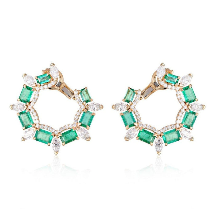Emerald Marquise Halo Hoop Earrings in 14K Yellow Gold