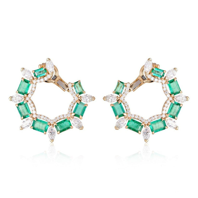 Emerald Marquise Halo Hoop Earrings in 14K Yellow Gold