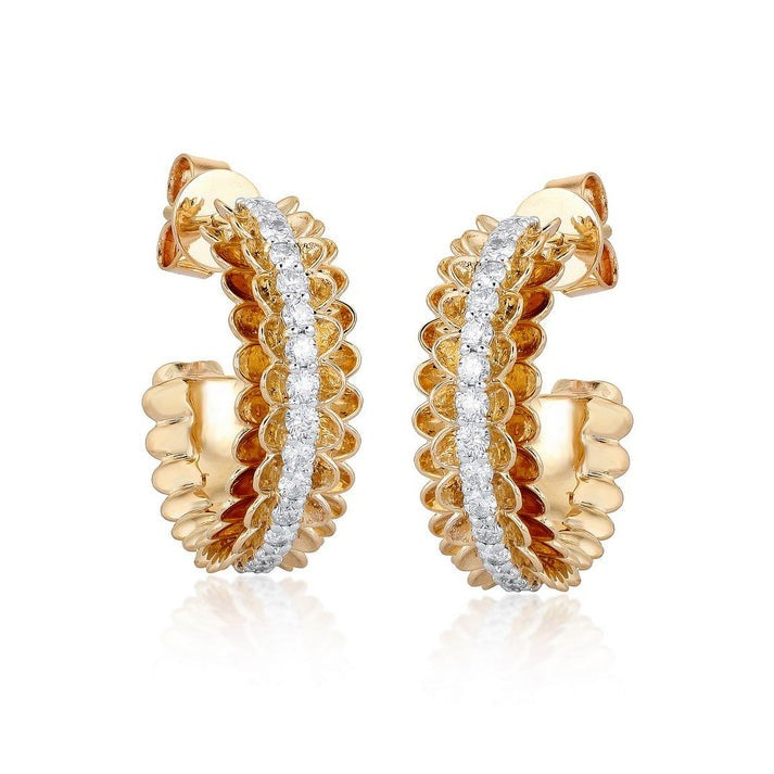 Scalloped Diamond 14K (or 18k upon request) Yellow Gold Hoop Earrings
