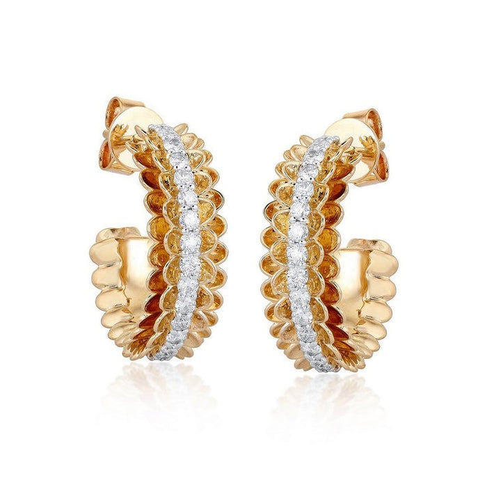 Scalloped Diamond 14K (or 18k upon request) Yellow Gold Hoop Earrings