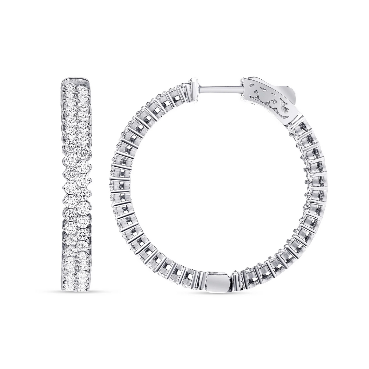 Double Row Round Diamond Hoop Earrings in 14K White Gold