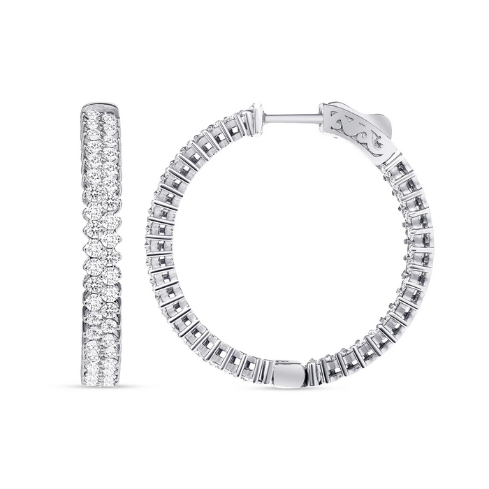 Double Row Round Diamond Hoop Earrings in 14K White Gold