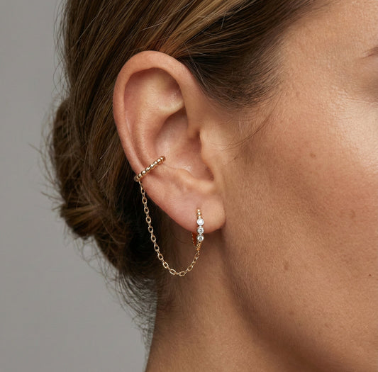 Linked Dots Double Hoop Chain Earrings in 14K Yellow Gold