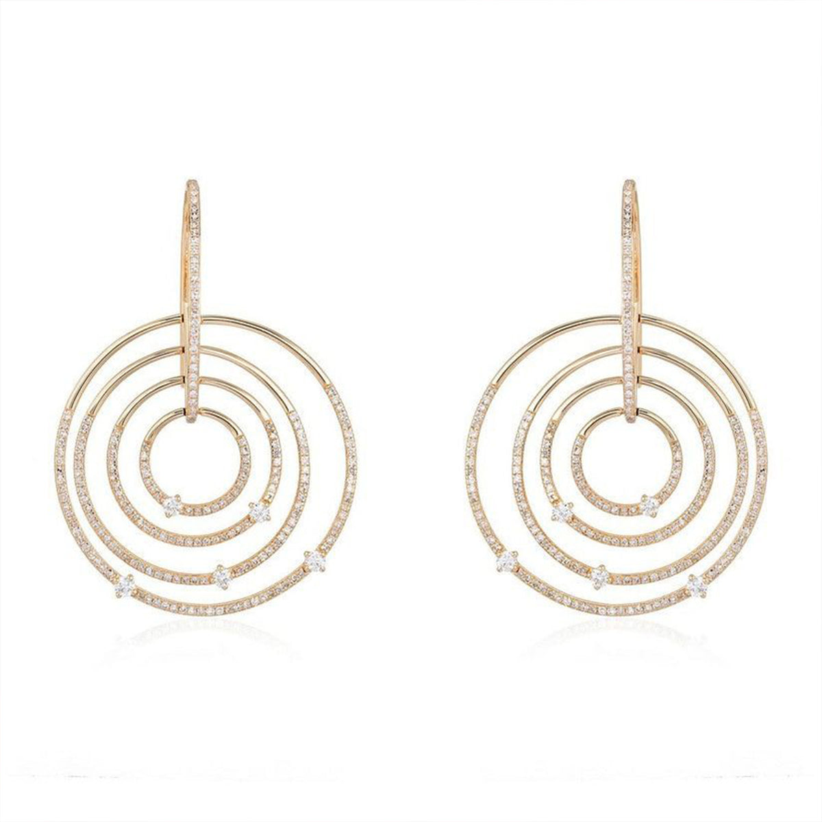 Concentric Circle Diamond 14K (or 18k upon request) Yellow Gold Drop Earrings