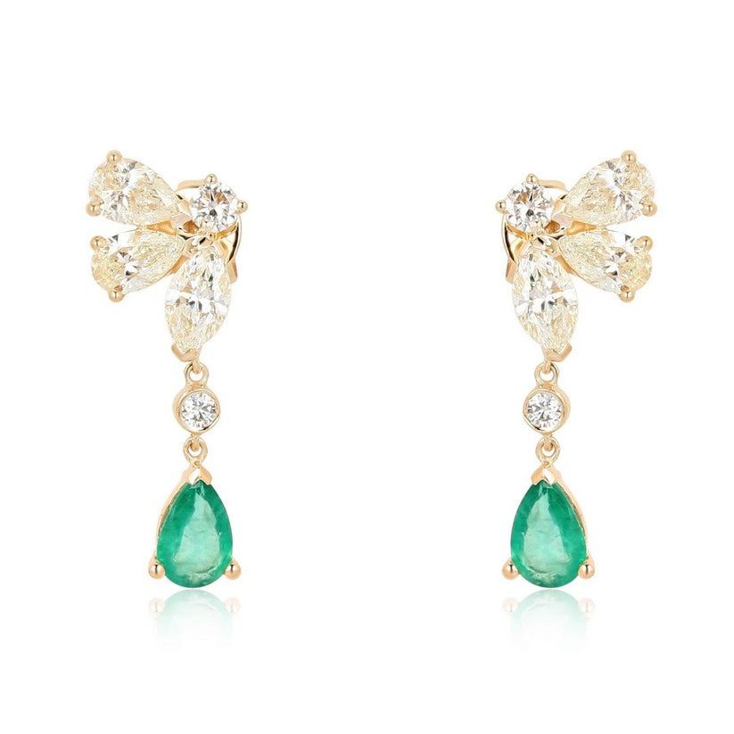 Cluster Teardrop Emerald Drop Earrings in 14K Yellow Gold