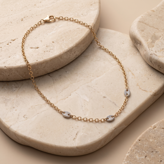 Three Grip 14K (or 18k upon request) Yellow Gold Diamond Link Necklace