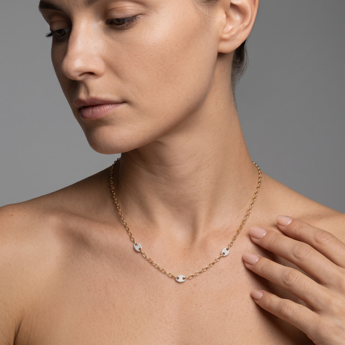 Three Grip 14K (or 18k upon request) Yellow Gold Diamond Link Necklace