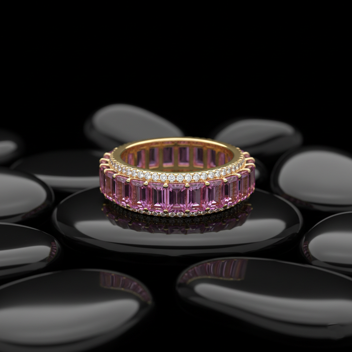 Exquisite Pink Sapphire Diamond 14K Gold Eternity Band Ring