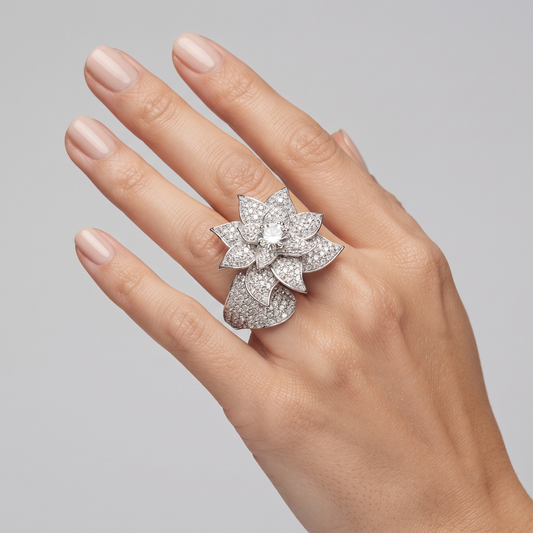 Double Finger Flower Diamond Ring in 18K White Gold