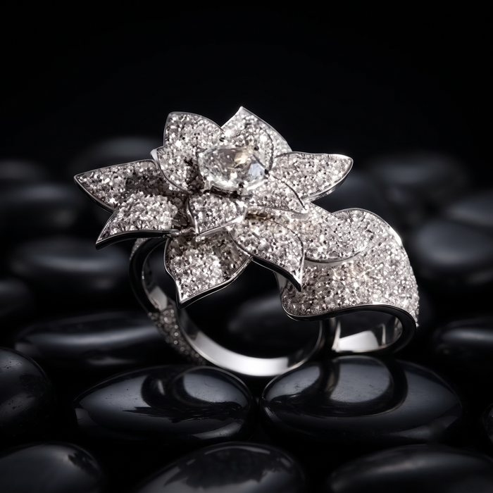 Double Finger Flower Diamond Ring in 18K White Gold