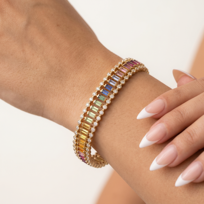 Radiant Multicolor Sapphire & Diamond Tennis Bracelet in 14K Yellow Gold