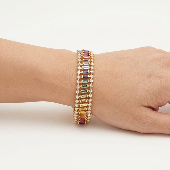 Radiant Multicolor Sapphire & Diamond Tennis Bracelet in 14K Yellow Gold