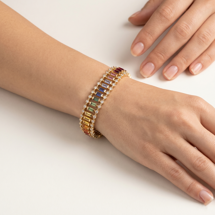 Radiant Multicolor Sapphire & Diamond Tennis Bracelet in 14K Yellow Gold