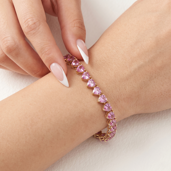 Pink Sapphire 14K Yellow Gold Heart-Shaped Tennis Bracelet