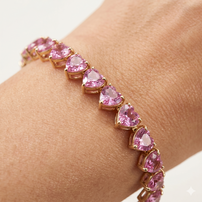 Pink Sapphire 14K Yellow Gold Heart-Shaped Tennis Bracelet