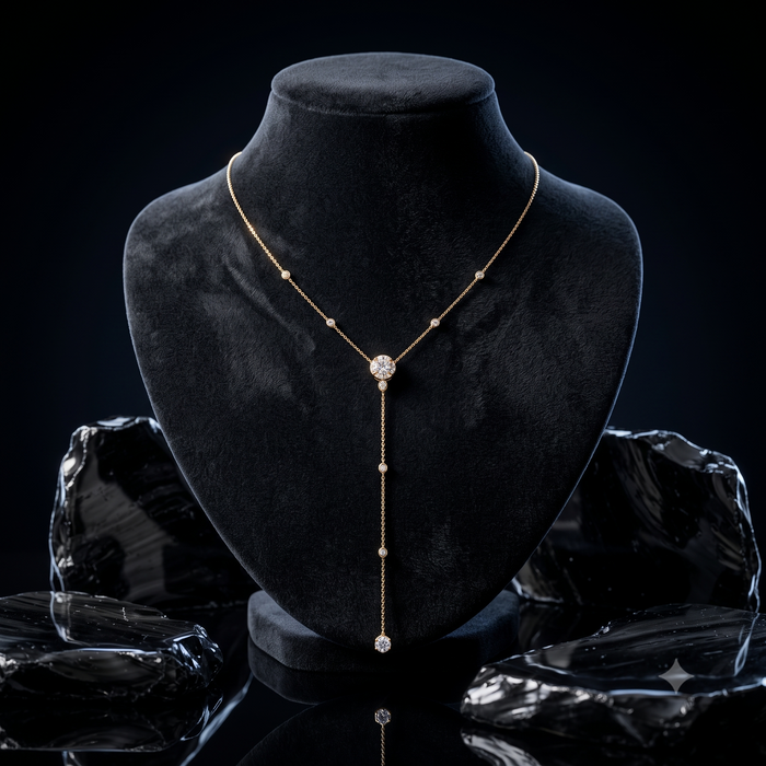 Round Diamond Baguette Lariat Necklace in 14K Yellow Gold
