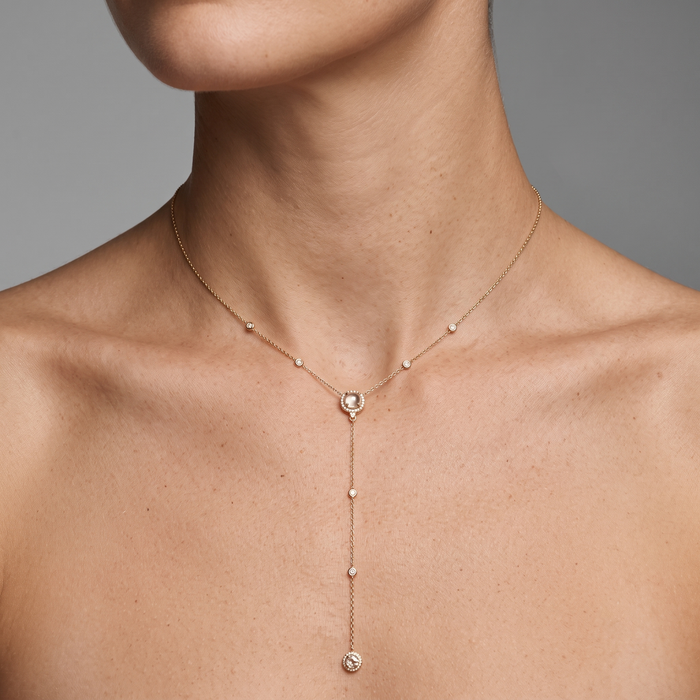 Round Diamond Baguette Lariat Necklace in 14K Yellow Gold