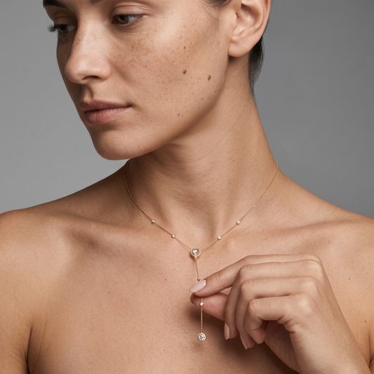 Round Diamond Baguette Lariat Necklace in 14K Yellow Gold