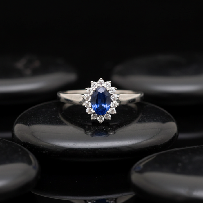Oval Blue Sapphire 14K Diamond Cluster Ring