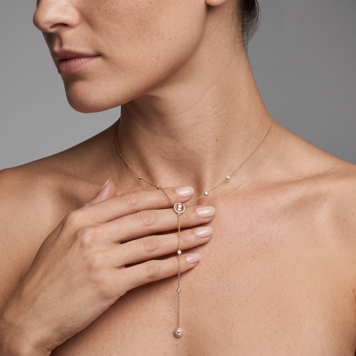 Round Diamond Baguette Lariat Necklace in 14K Yellow Gold