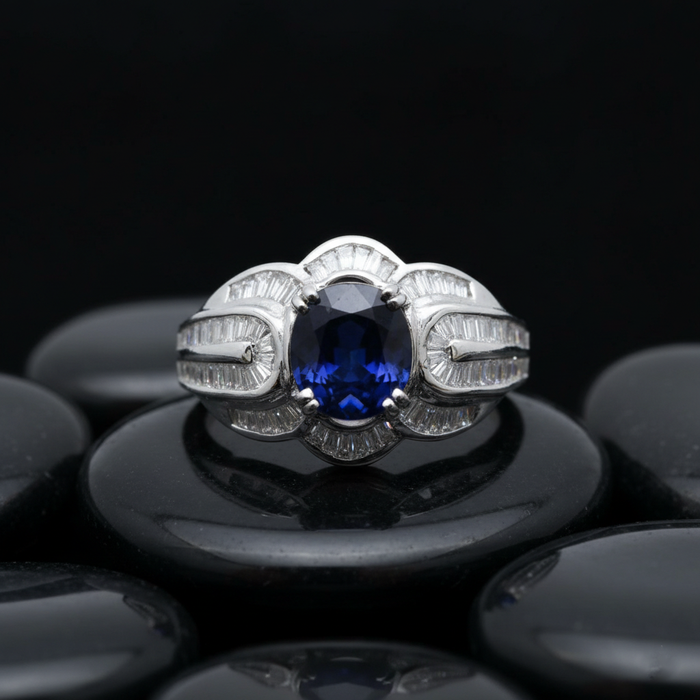 Royal Blue Sapphire Baguette Diamond Ring in 14K White Gold