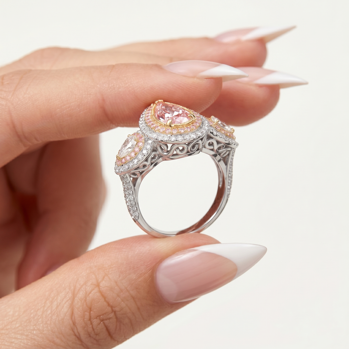 Pink Pear Shaped Halo Diamond Engagement Ring in 18K Gold