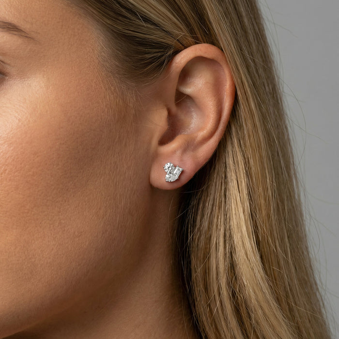 Multi Cut Diamond Heart Stud Earrings in 18K White Gold