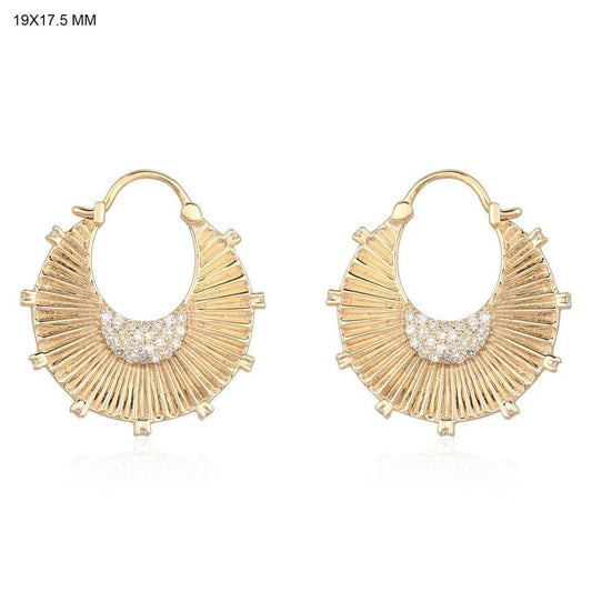 Pave Diamond Gold Sunray Hoop Earrings in 14K Yellow Gold