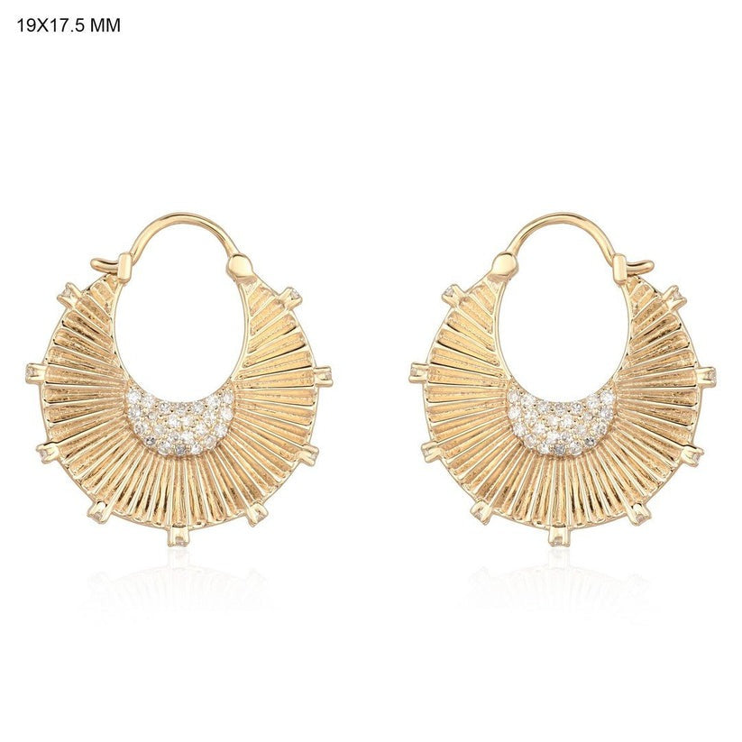 Pave Diamond Gold Sunray Hoop Earrings in 14K Yellow Gold