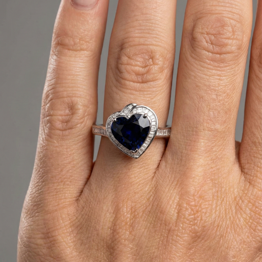 Heart-Cut Blue Sapphire Diamond Halo Ring in 14K White Gold