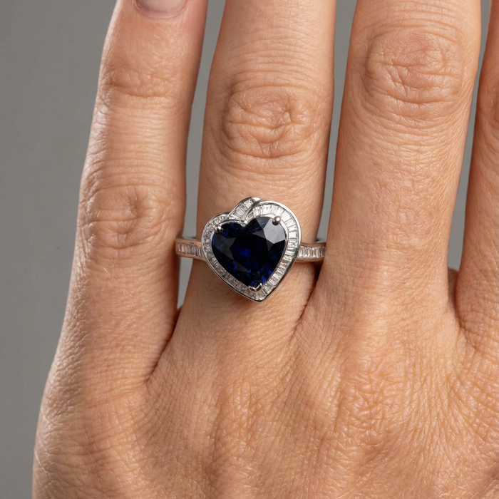Heart-Cut Blue Sapphire Diamond Halo Ring in 14K White Gold