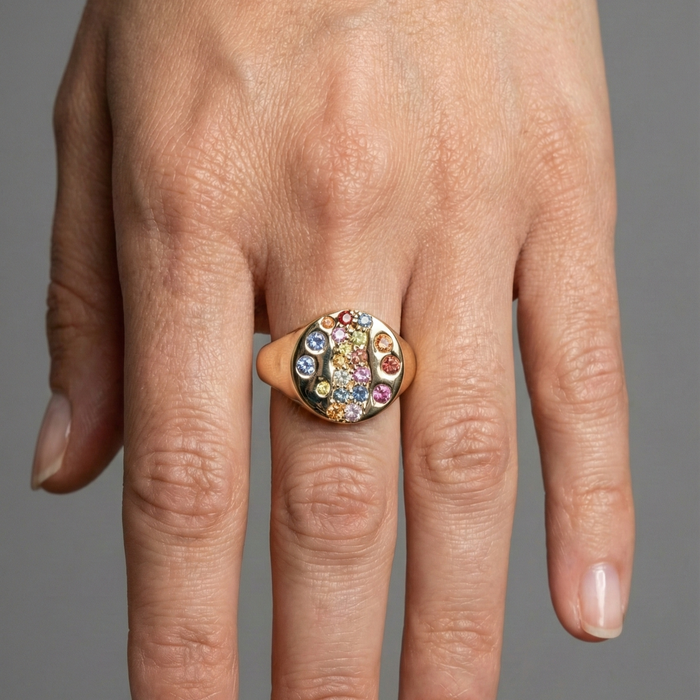 Rainbow Multi-Gemstone 14K Yellow Gold Signet Ring