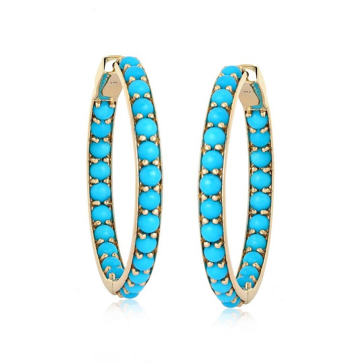 Turquoise Diamond Hoop Earrings in 14K Yellow Gold