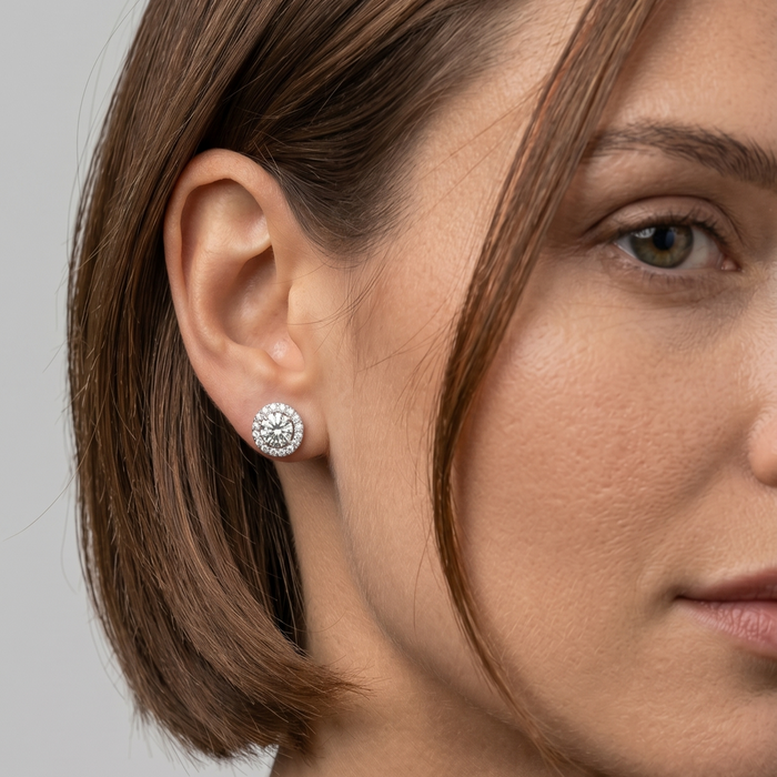 Round Cut Baguette Diamond Earrings in 14K White Gold