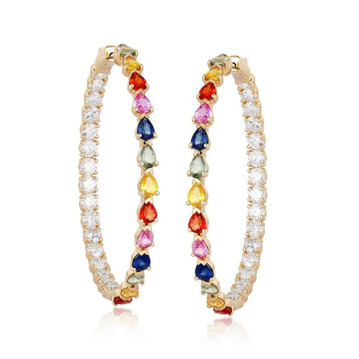Sapphire Love Hoops Diamond Earrings in 14K Yellow Gold