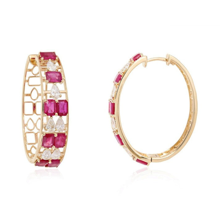Geometric Ruby Pear Diamond Hoop Earrings in 14K Yellow Gold