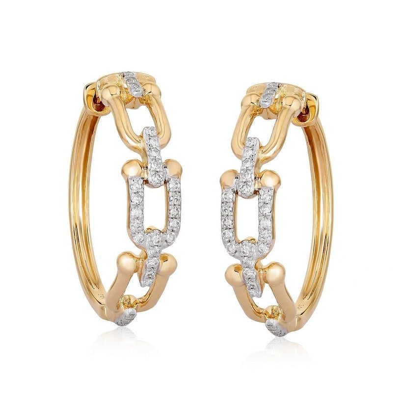 Link Diamond Encrusted Chain Hoop Earrings in 14K Yellow Gold
