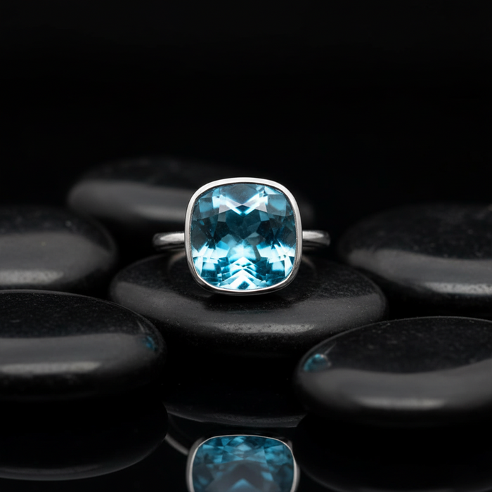 Classic Blue Topaz 14K White Gold Cushion Cut Ring