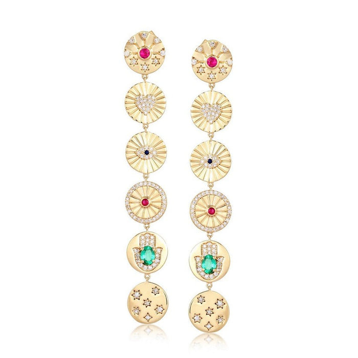 Multi Gemstone Dangle Coin Drop Earrings in 14K Yellow Gold