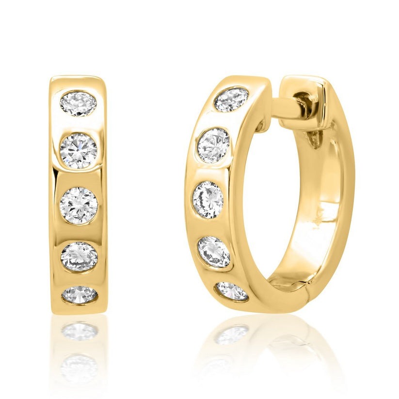 Bezel Set Diamonds Huggie Hoop Earrings in 14K Gold